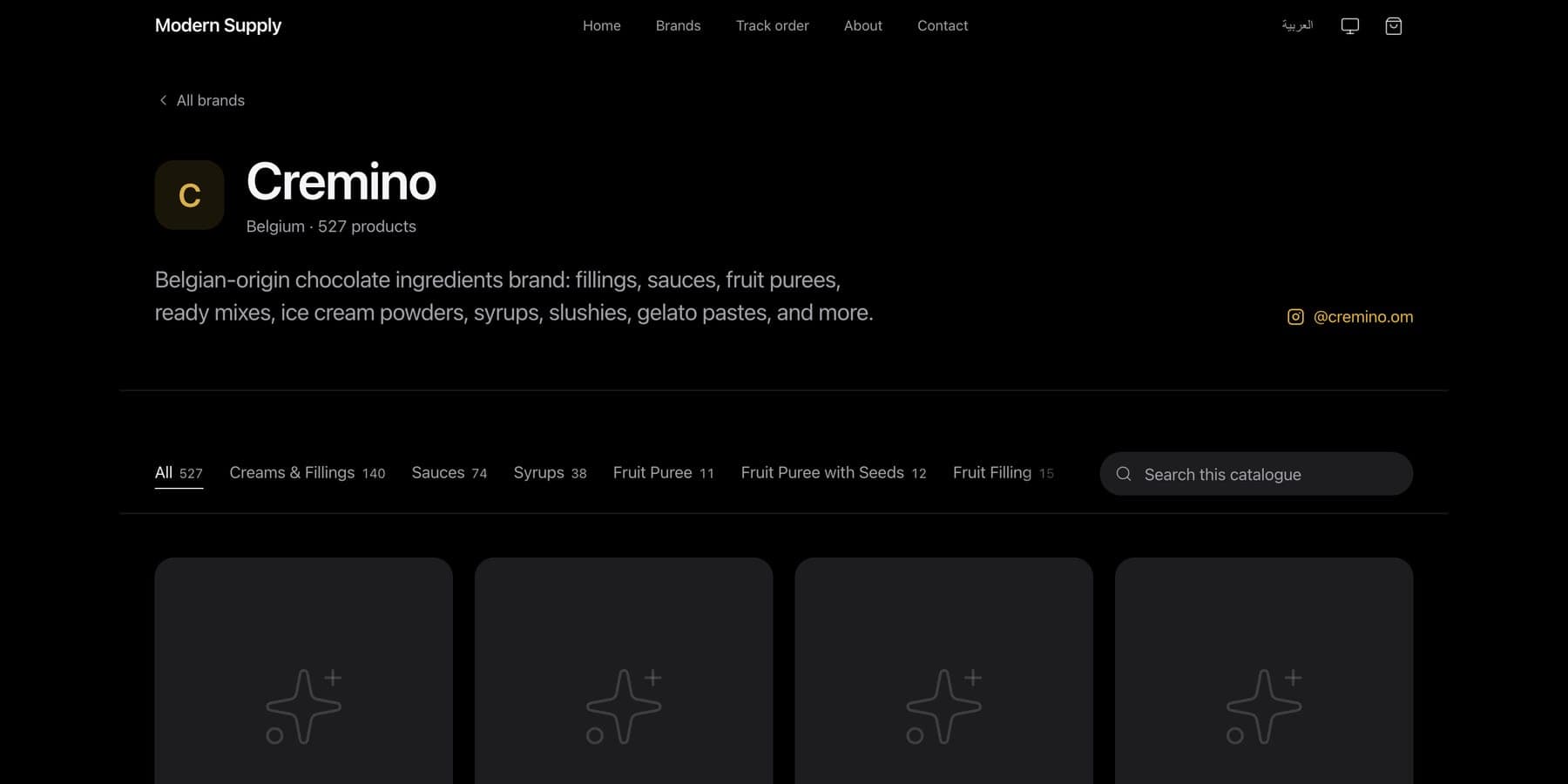A brand catalogue with its category rail and search